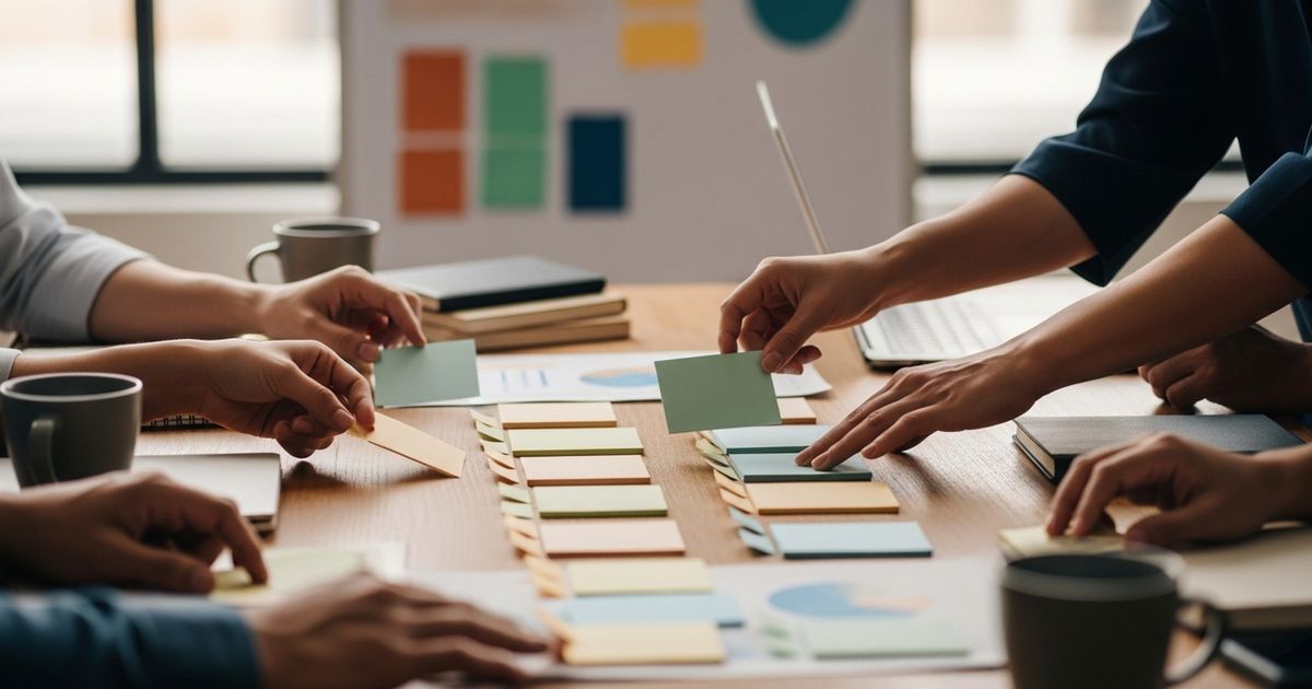 Content operations team arranging blank index cards in a workshop to plan programmatic SEO scale