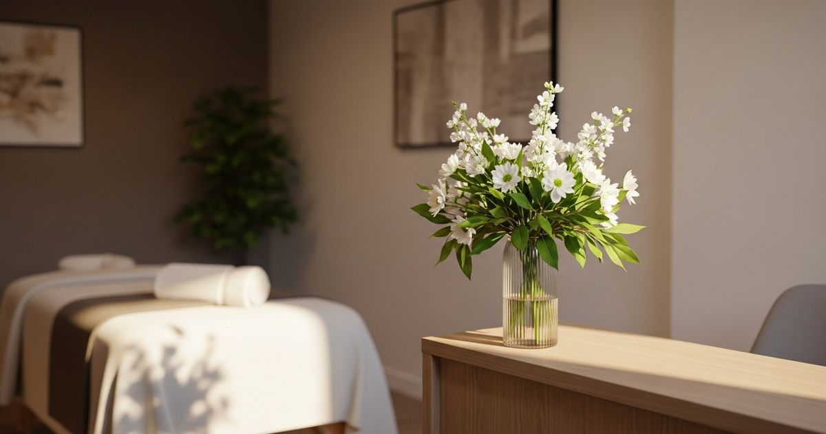 Warm, hyper-realistic editorial-style image of a modern massage studio reception with soft lighting and a blurred treatment table in the background.