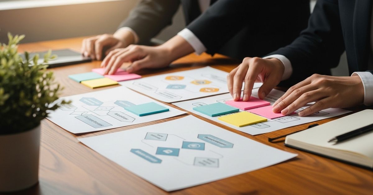 Hands arranging colored index cards into a workflow diagram on a warm, modern workspace table to represent building automations with Zapier