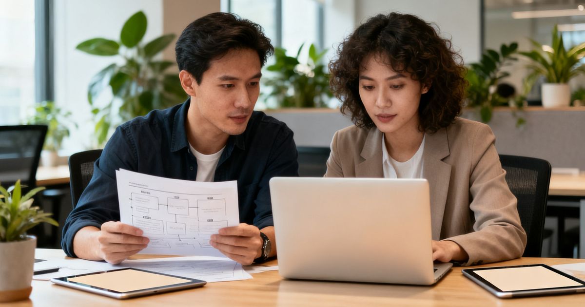 Two marketers comparing Scalenut vs Copy.ai in a modern startup office