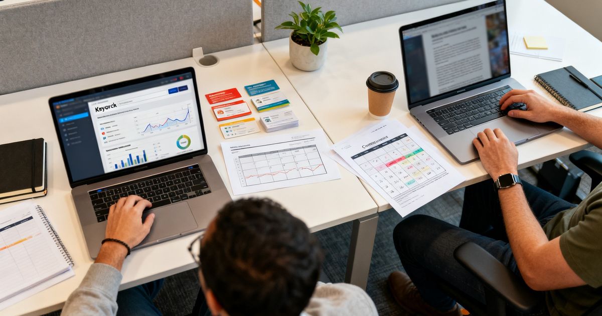 Two content marketers comparing Ahrefs vs NeuronWriter workflows in a modern startup office