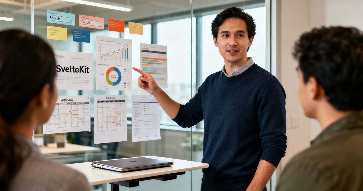 Developer planning SvelteKit site architecture on a glass wall in a startup office — sveltekit seo