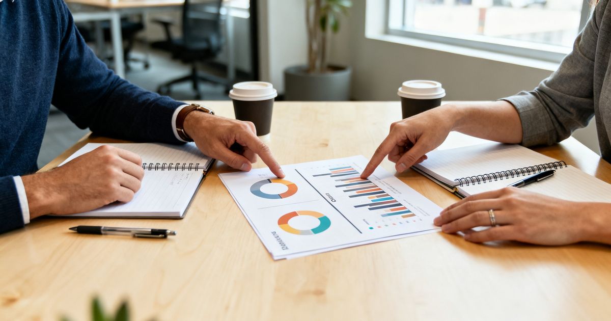 Two marketers at a San Francisco startup office comparing SEO tools side by side, representing semrush vs ahrefs