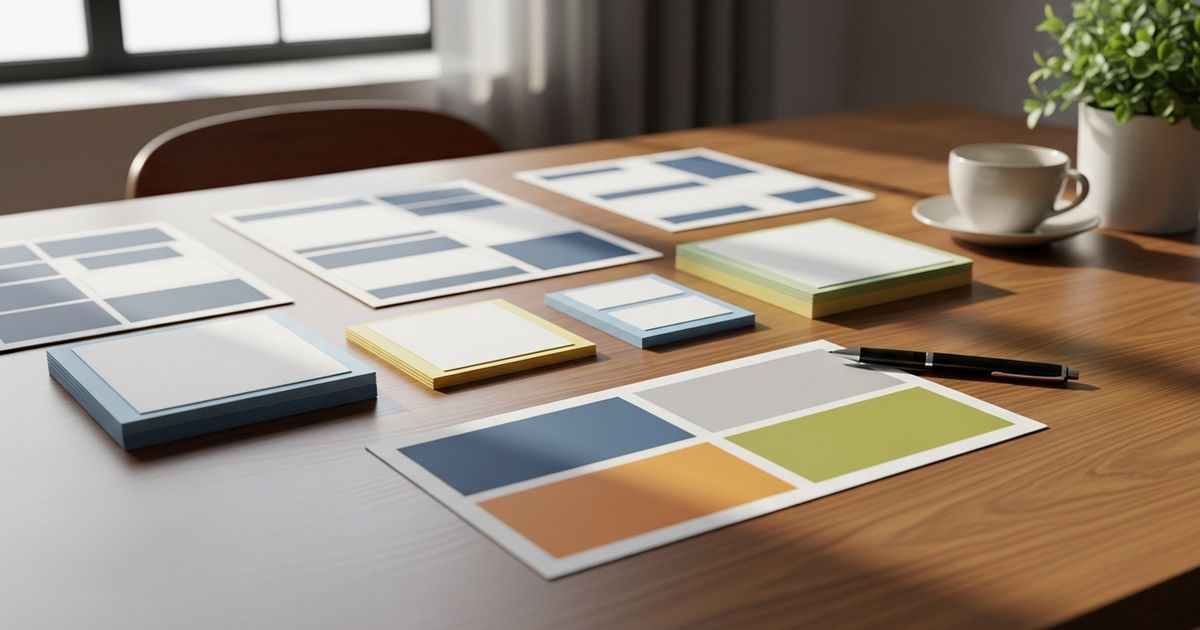 Content strategist arranging blank color-coded comparison templates on a desk to plan programmatic SEO pages