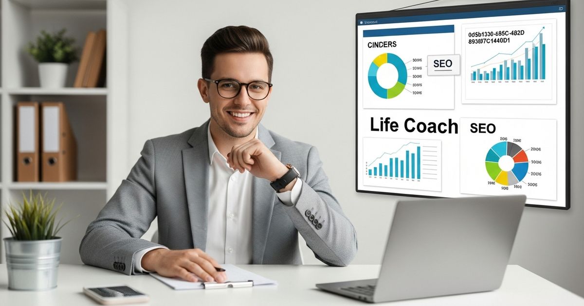 Life coach planning SEO strategy with charts and laptop.