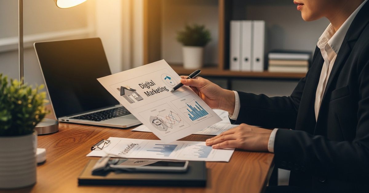 A home security expert reviewing a digital marketing strategy in a modern setting