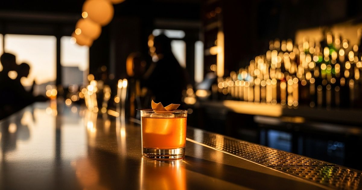 Warm, hyper-realistic close-up of a cocktail on a polished bar counter with softly blurred bar interior