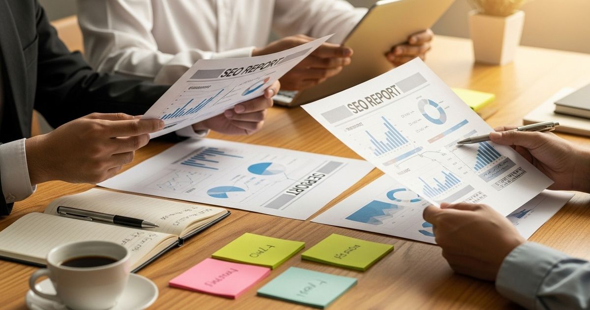 Marketing team reviewing printed SEO charts and annotated notes to detect content quality issues