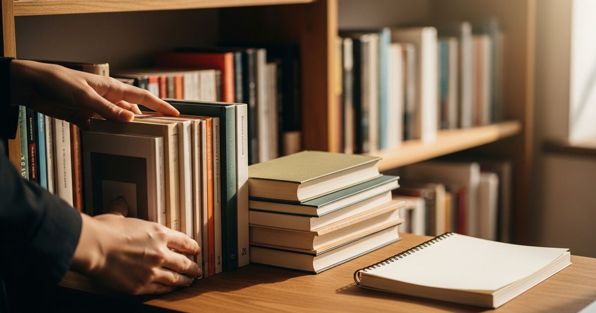 Warm, hyper-realistic scene of a small bookstore interior with hands arranging books on wooden shelves, suggesting discovery and curated content without visible text.