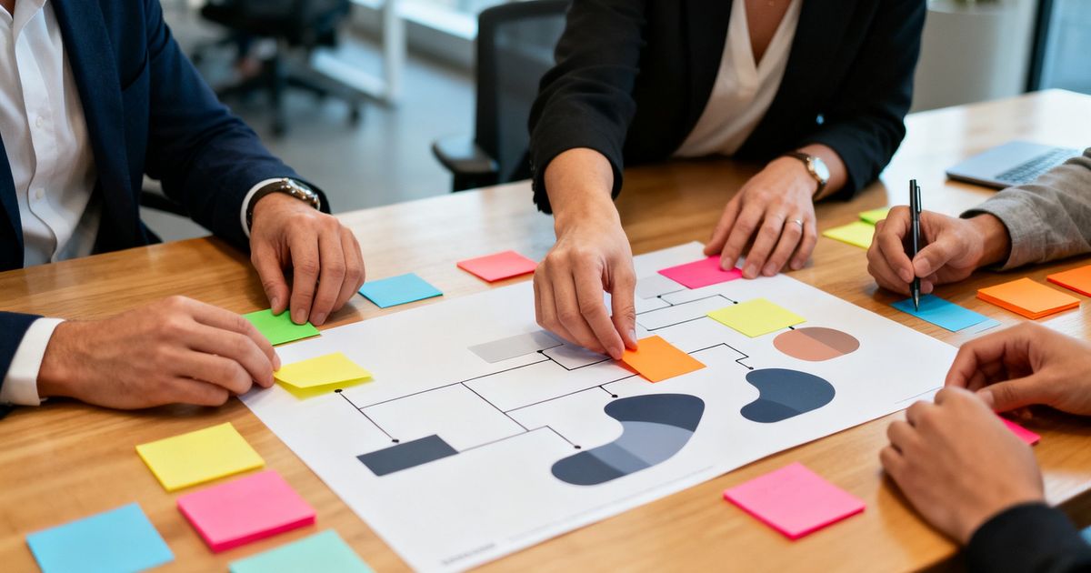 Content manager arranging color-coded content cards for a Coda SEO content cluster in a startup office