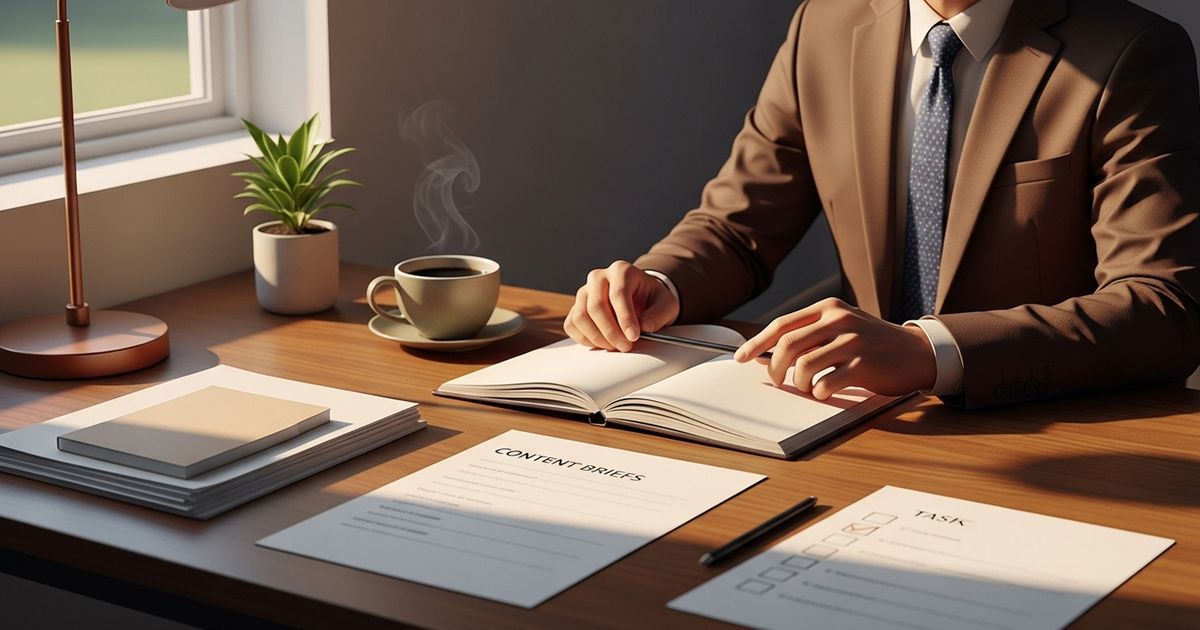 Founder workspace with content briefs and checklist symbolizing a practical SEO playbook for busy founders