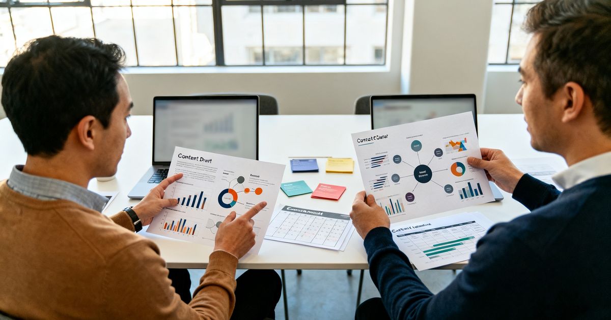 Two marketers in a San Francisco startup office comparing content briefs and topic clusters for Frase vs Scalenut
