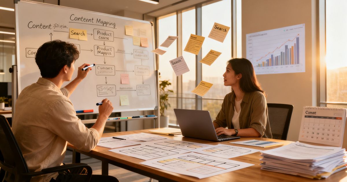 Content strategist mapping course modules on a whiteboard for format SEO
