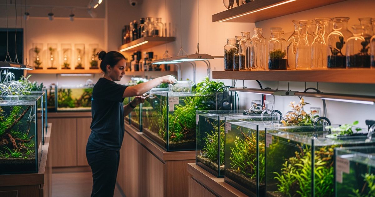 Editorial-style hyper-realistic interior of a modern aquarium shop with illuminated tanks and neatly arranged supplies, warm lighting and clean composition.
