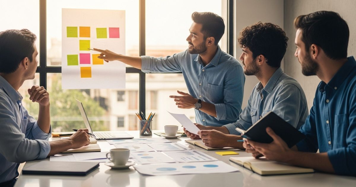 Founders collaborating over printouts and blank sticky notes in a modern office, planning SEO and growth strategies