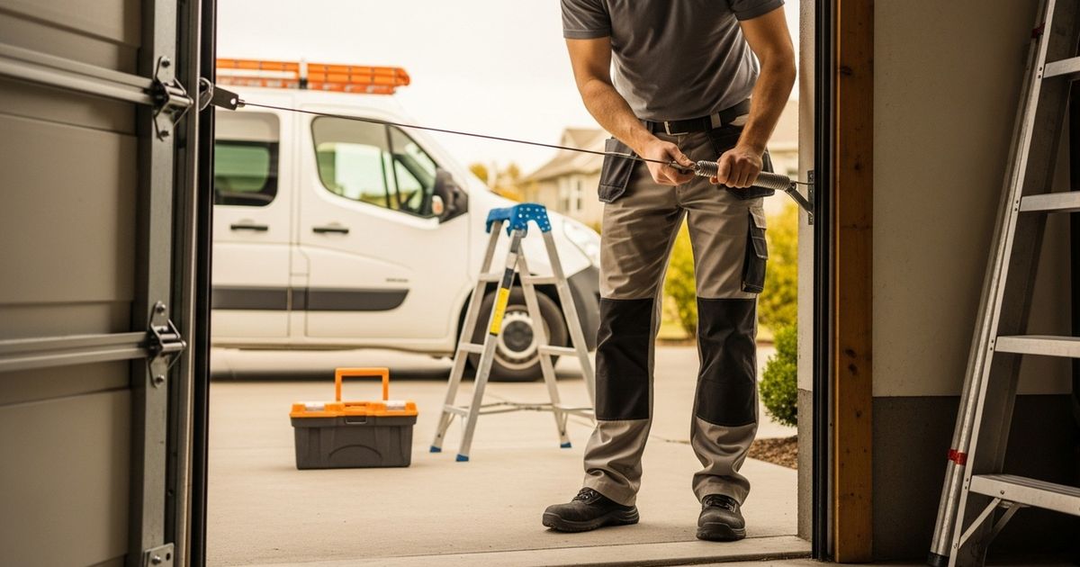 Garage door repair technician adjusting a residential garage door spring; service van and tools in the driveway.