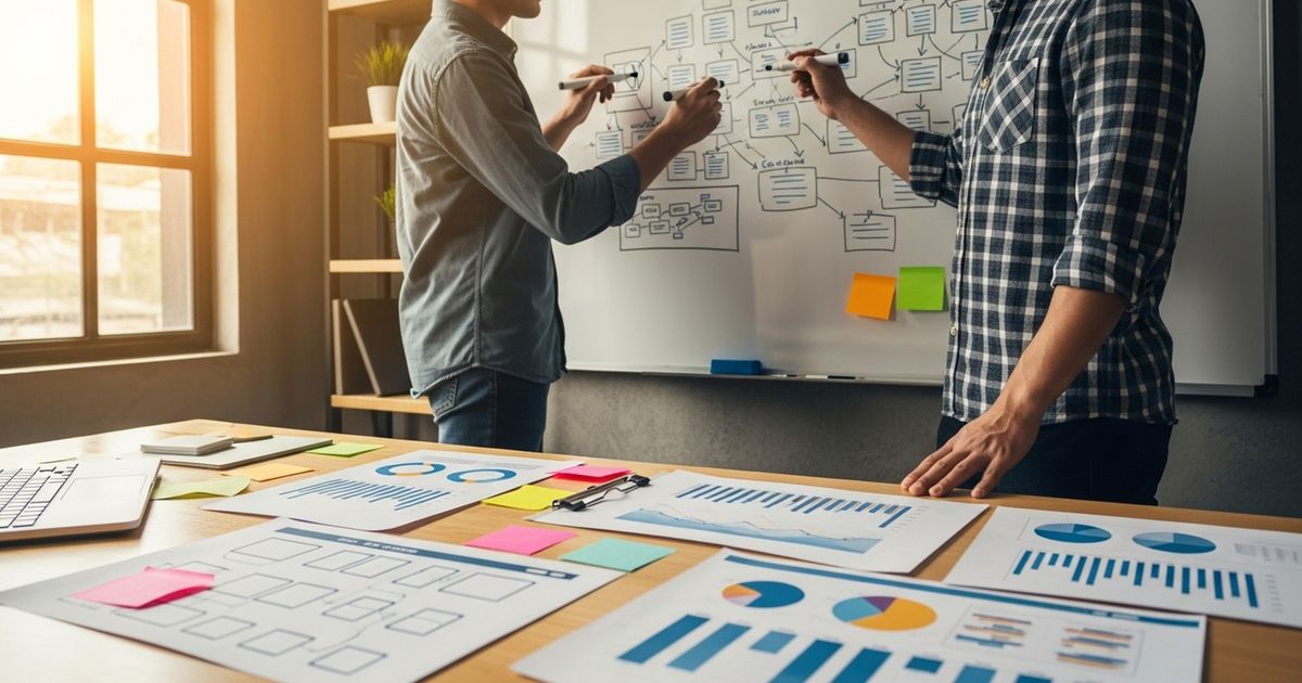 SEO specialist and content manager planning a WordPress site structure in a startup office — WordPress SEO