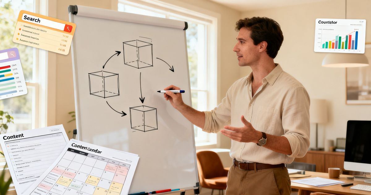 Course creator mapping Skillshare SEO topic clusters on a whiteboard in a home office