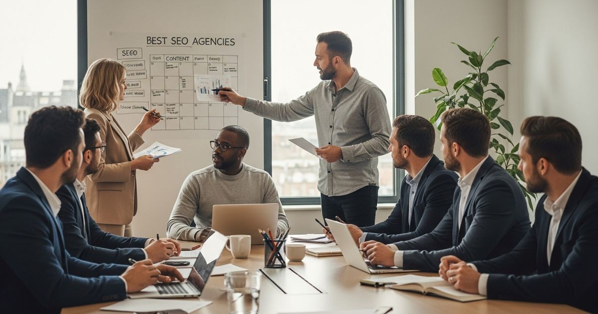 Marketing team collaborating in a Dublin office around a conference table, representing SEO agencies in Dublin