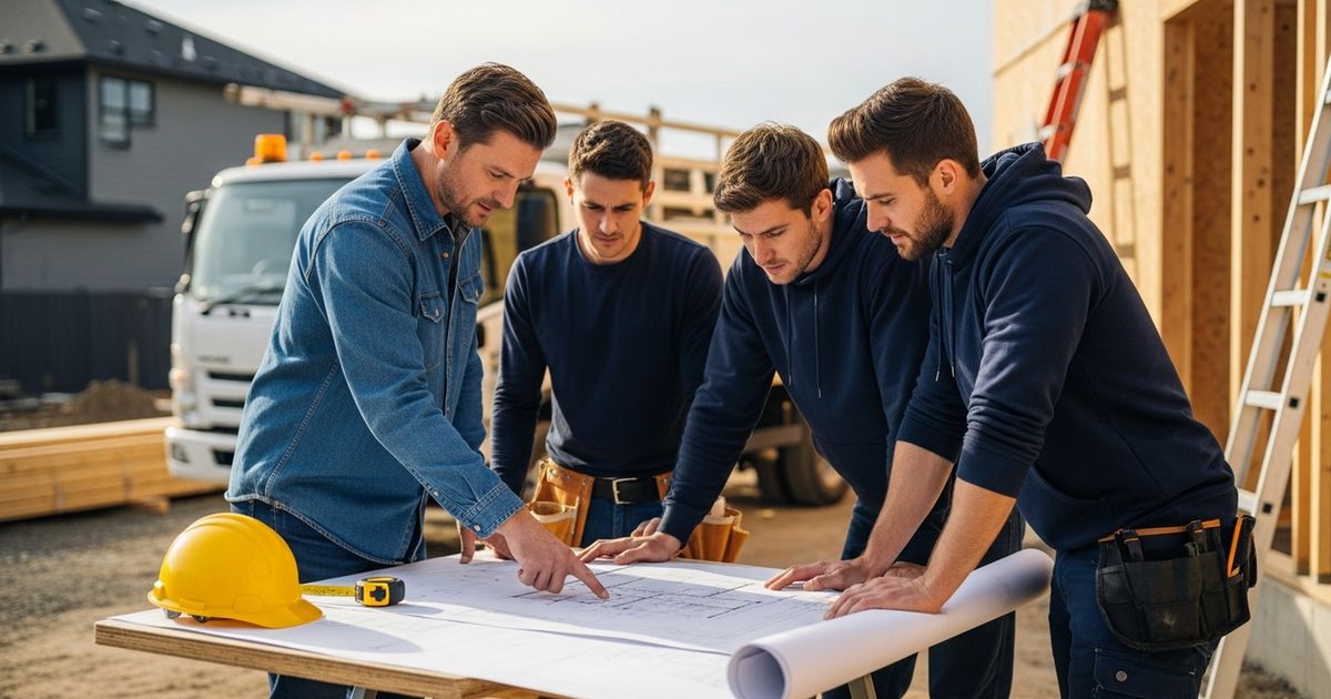 General contractor reviewing blueprints with crew at a residential job site, conveying professional local construction services