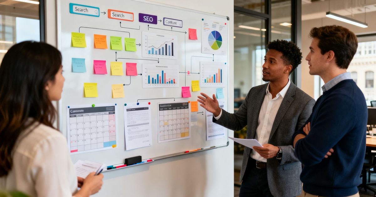 Marketing team mapping topic clusters for Adobe Experience Manager SEO on a whiteboard in a San Francisco startup office
