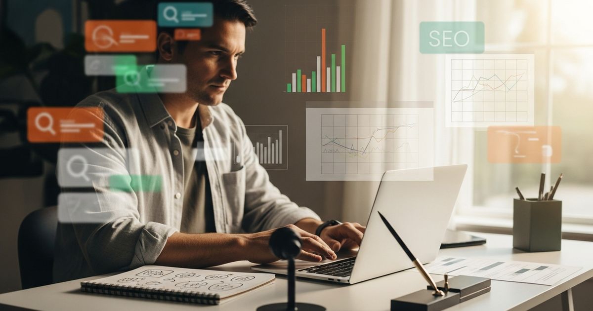 Creator optimizing a Gumroad product page on a laptop in a modern home office — gumroad seo