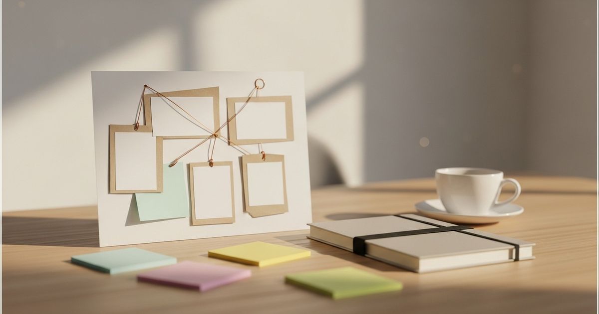 Warm editorial-style workspace with a paper sitemap and blank sticky notes symbolizing strategy and planning for coding bootcamp SEO.