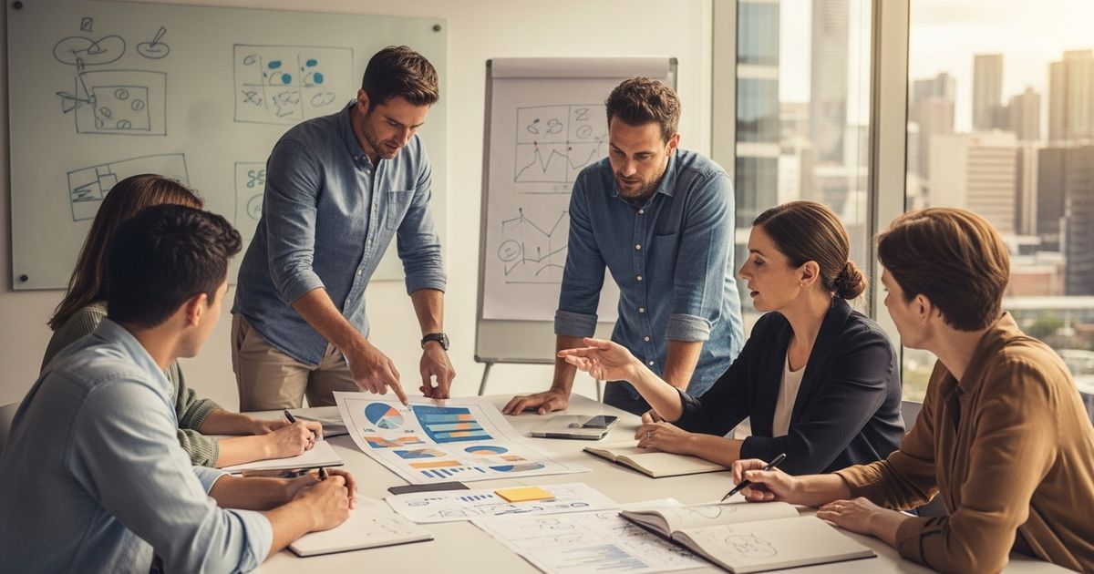 Marketing team collaborating on SEO strategy in a modern Brisbane office — top SEO agencies in Brisbane