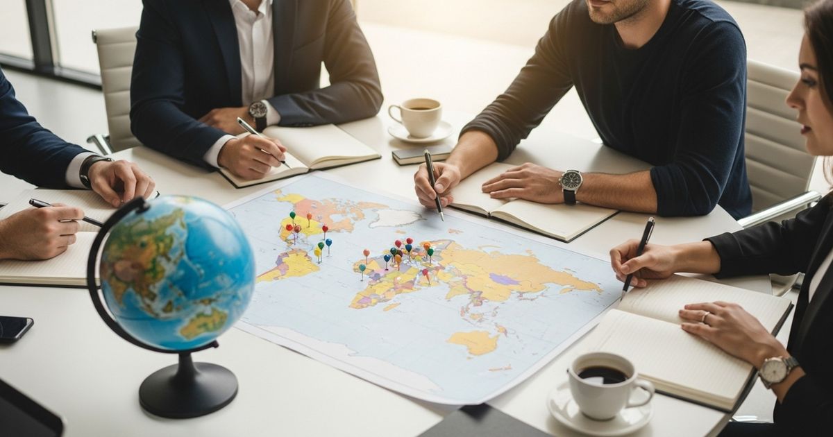 Marketing team planning international SEO strategy with world map and colored pins