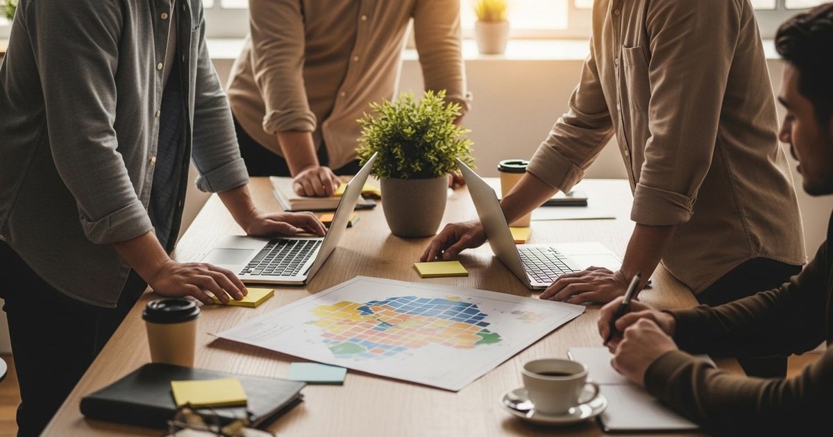 Small in-house marketing team collaborating around a clean table with blank notes and closed laptops, representing an internal SEO workflow.