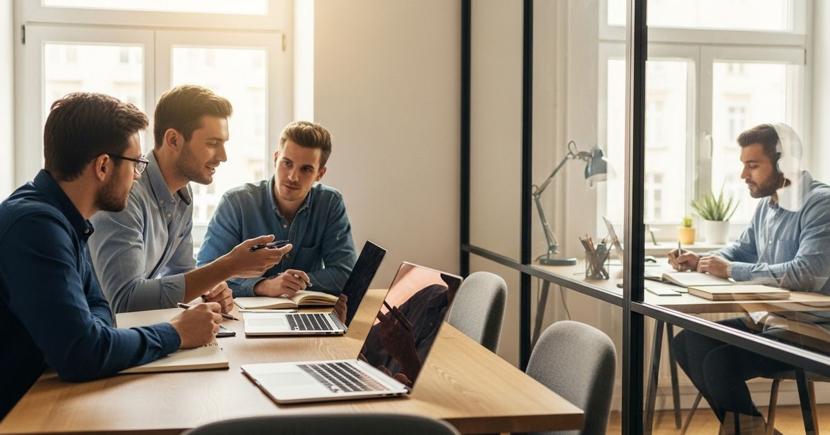Modern office scene showing an in-house team collaborating at a table with a remote freelancer visible through a glass partition, illustrating the contrast between in-house and outsourced SEO work.