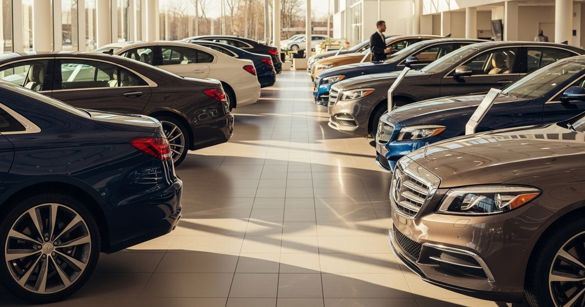 Warm, hyper-realistic showroom interior with polished cars and soft late-afternoon light, evoking modern auto dealership professionalism.