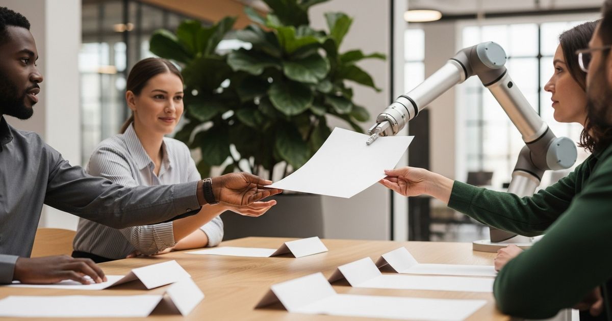 Hyper-realistic scene of a human reviewer receiving a blank draft from a robotic arm in a warm modern office, symbolizing collaboration between human review and automated publishing.