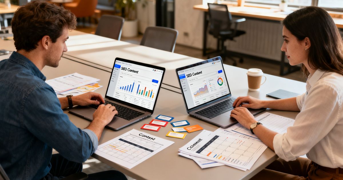 Two marketers comparing Ubersuggest vs NeuronWriter on laptops in a modern office