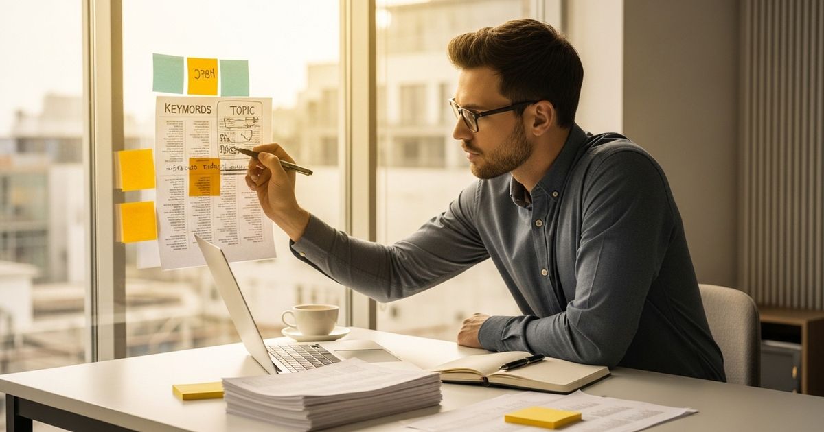 SEO specialist organizing low competition keywords on a desk while mapping topic clusters in a co-working space