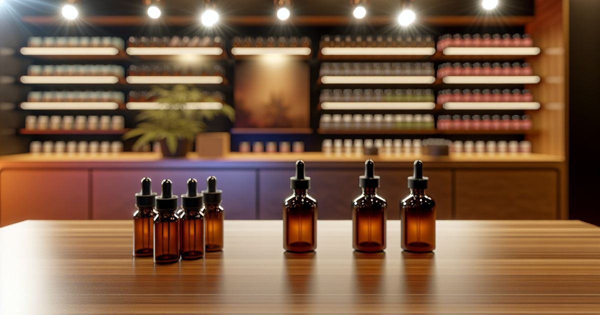 Warm, hyper-realistic editorial-style close-up of amber dropper bottles on a wooden counter in a modern CBD shop interior