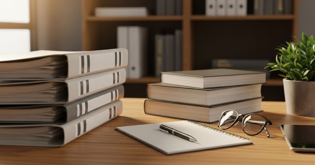 Hyper-realistic workspace in a personal injury law office with files and books — professional, warm, and uncluttered.