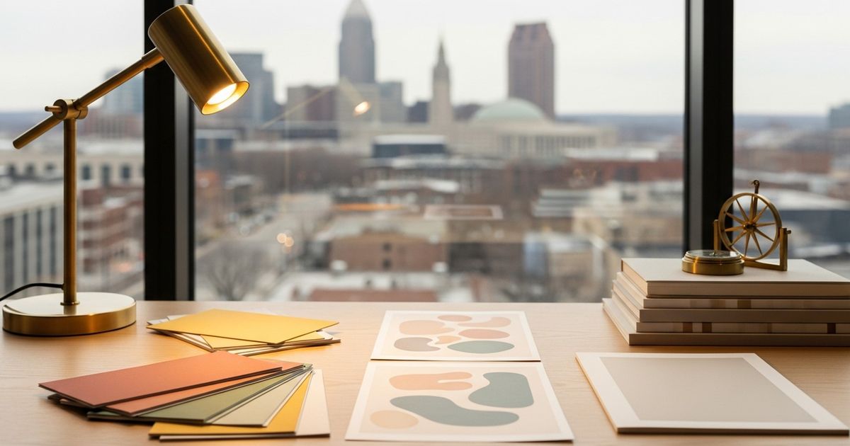 Warm modern desk with abstract planning materials and blurred city skyline, evoking strategic SEO planning in Cleveland