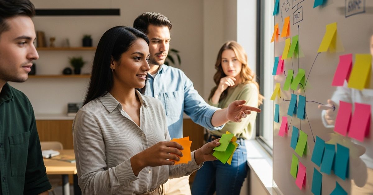 Content manager demonstrating how to do keyword research by arranging sticky-note keyword clusters on a whiteboard in a San Francisco startup office