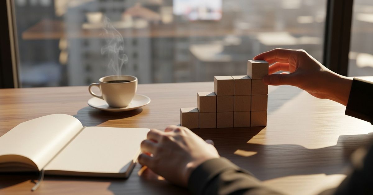 Hands stacking wooden blocks on a warm-toned desk in a modern workspace with a blurred Portland skyline in the background, evoking strategic growth and organized SEO work.