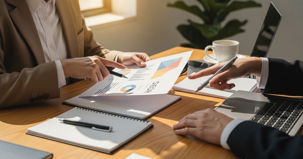 Two marketers reviewing printed SEO reports at a modern desk, comparing strategies for AI SEO tools