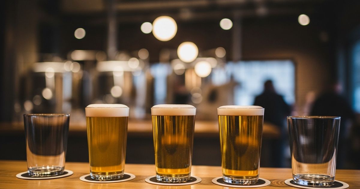 Three glasses of beer on a warm wooden bar in a modern brewery taproom with brewing tanks blurred in the background