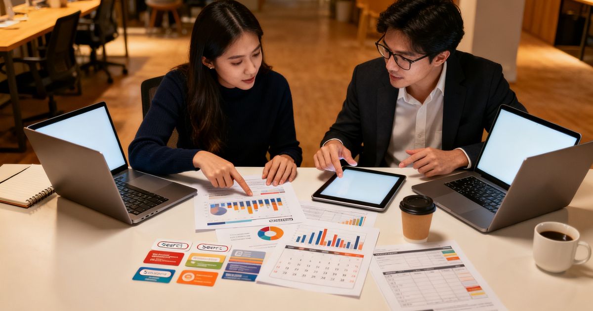 Two marketing professionals comparing Frase and Ubersuggest side-by-side during a content strategy session