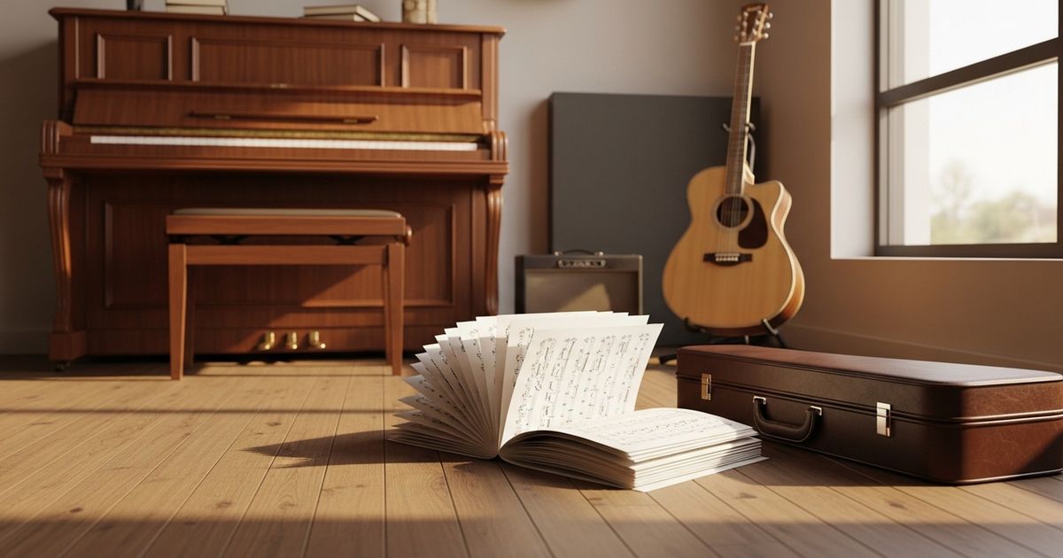 Warm modern music school studio with piano and guitar suggesting a professional, welcoming music lesson environment