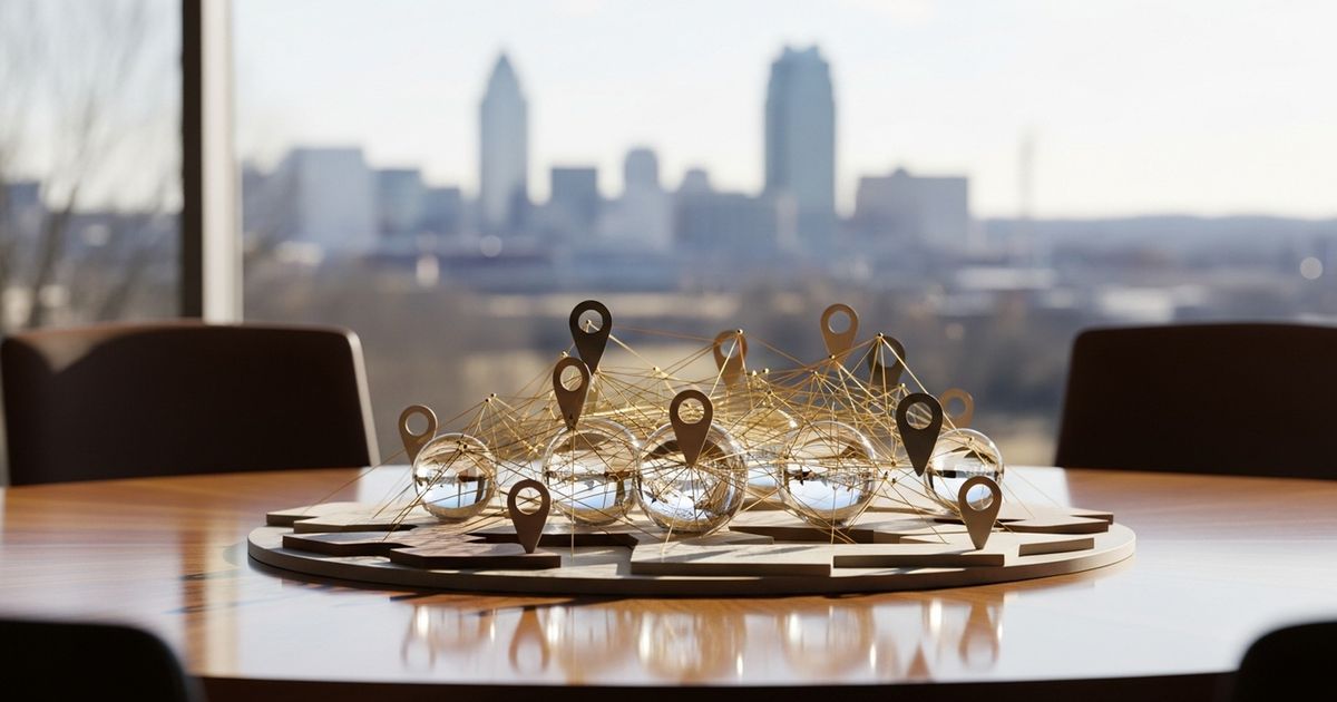 Editorial-style image: a warm, modern meeting table with a network of connected glass orbs and a soft city skyline background, suggesting local SEO strategy.
