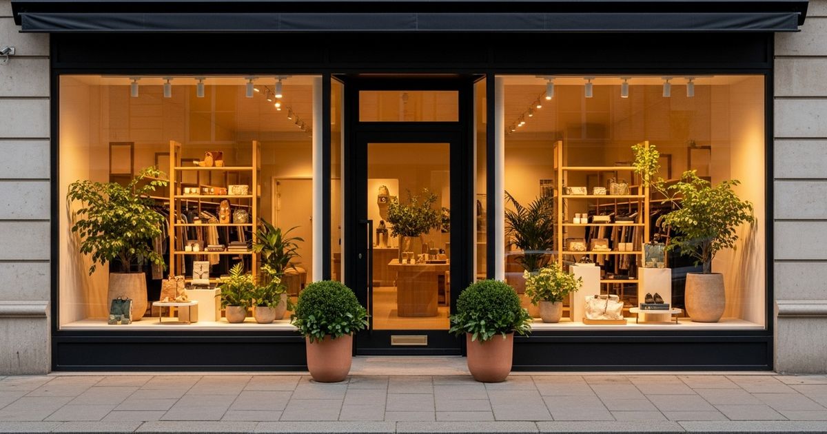 A hyper-realistic image of a stylish boutique storefront with an inviting display window, conveying a modern and professional aesthetic.