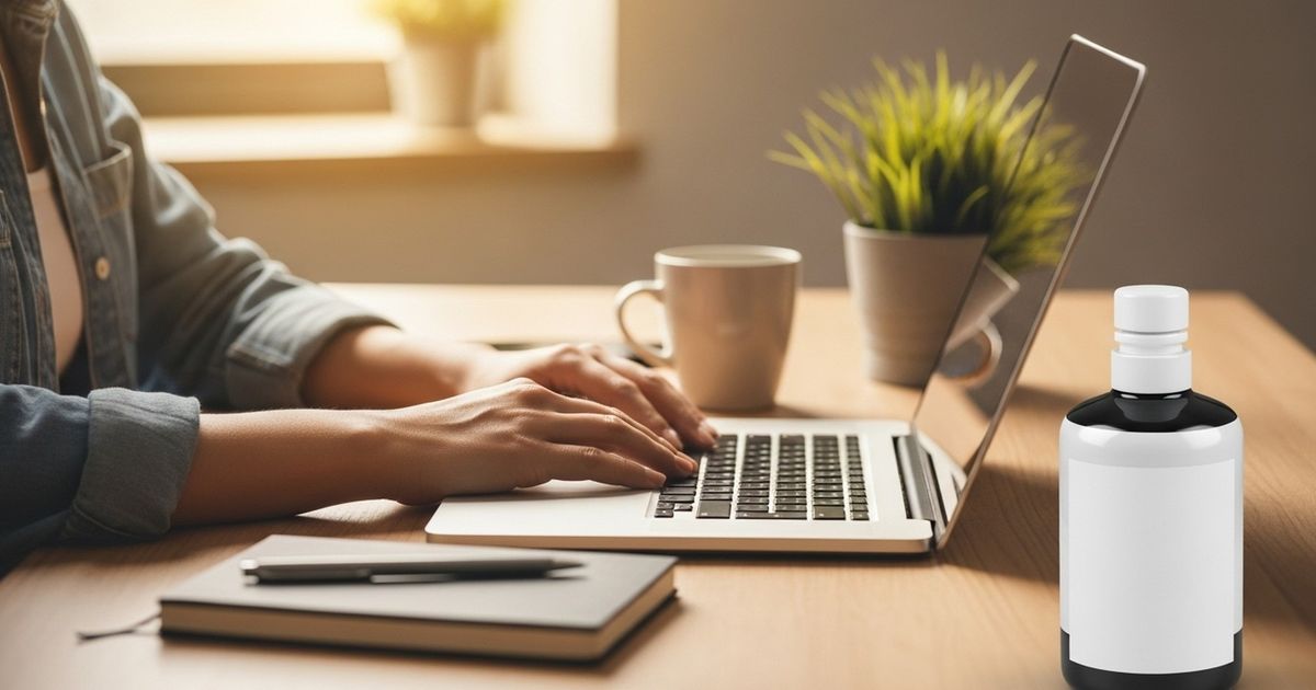 Content marketer workspace with laptop and notebook, warm modern office setting.