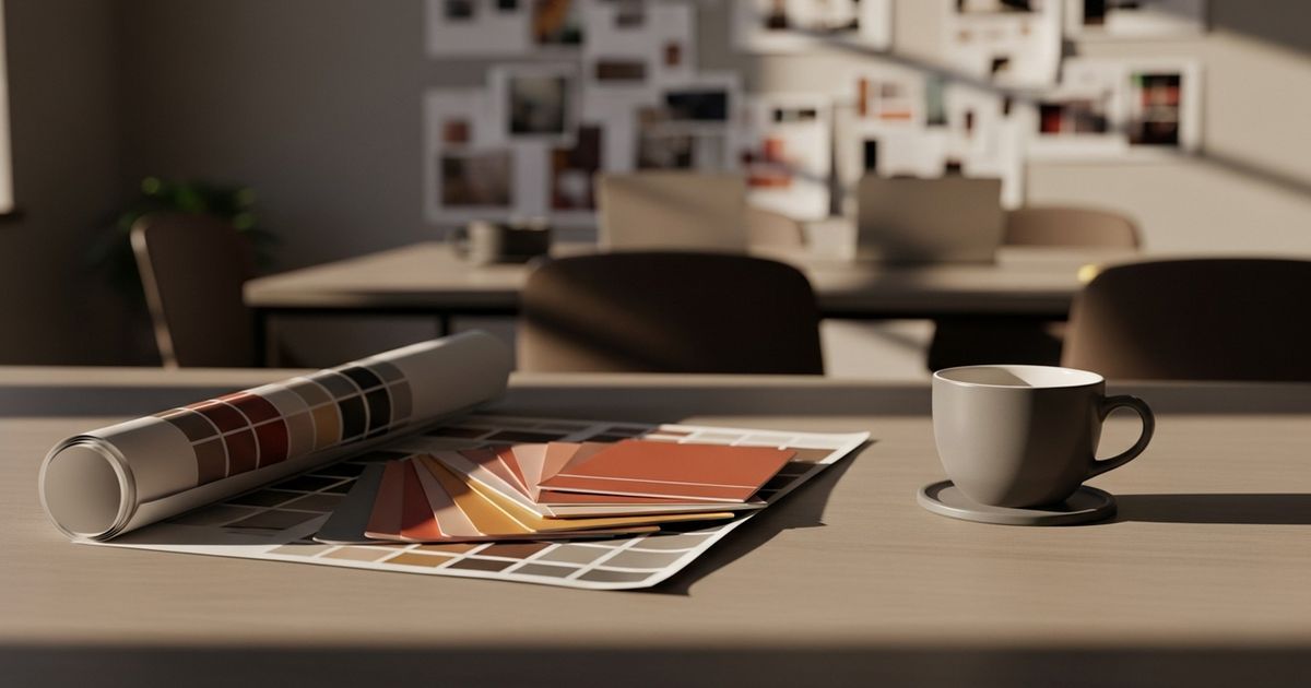 Minimal, hyper-realistic creative studio scene evoking web design and strategy, warm tones and clean composition