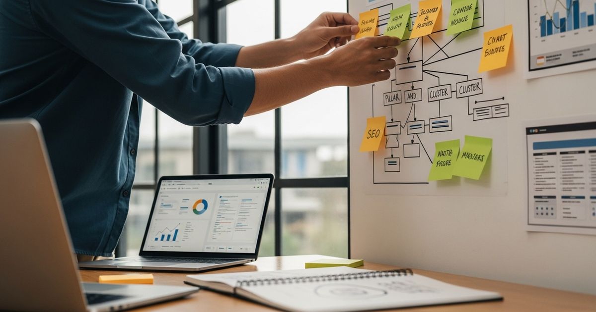 Content manager arranging topic cluster sticky notes for GoDaddy website builder SEO planning