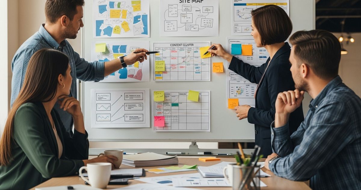 Marketing team planning Wix SEO topic clusters on a whiteboard in a modern startup office